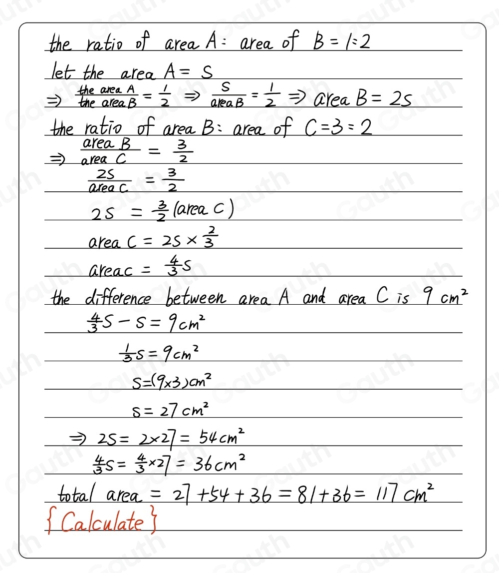 Solved: There are 3 shapes, A , B and C. The ratio of area A : area of ...
