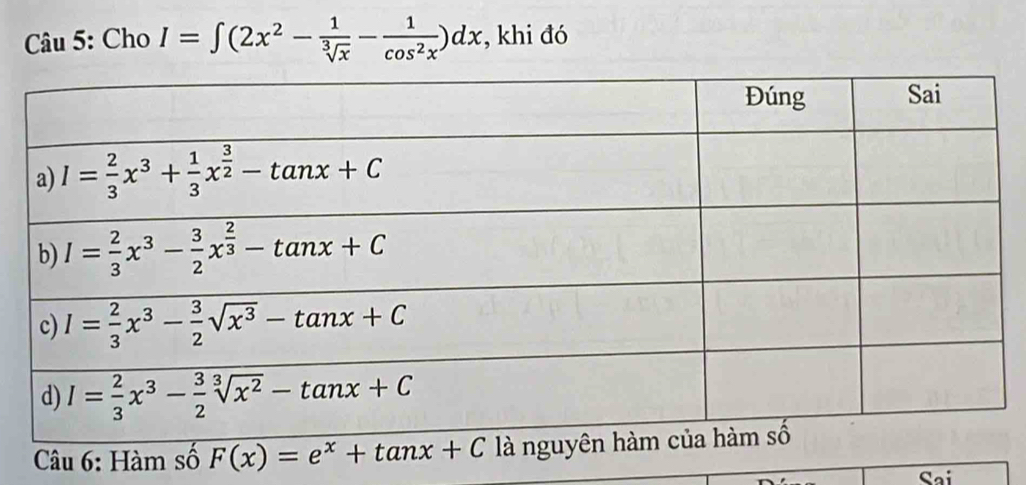 Cho I=∈t (2x^2- 1/sqrt[3](x) - 1/cos^2x )dx , khi đó
Câu 6: Hàm số 
Sai