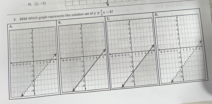 (2,-3)
3. 2016 Which graph represents the solution set of y≥  3/4 x-4 ? 
D