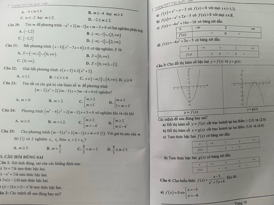 Trường THPT Trần Quốc Tuần
Trường THPT Trận Quốc Tuậ
a) f(x)=x^2-x-2 có f(x)<0</tex> với mọi x e equiv (-1;2),
A. -4≤ m≤ 4.
B. m≤ -4 hay m≥ 4.
C. m≤ -2 hay m≥ 2. f(x)=-x^2+2x-5 có f(x)>0 với mọi x∈ R,
b) có bảng xét dấu:
D. -2≤ m≤ 2.
c)
Câu 20: Tìm m để phương trình -x^2+2(m-1)x+m-3=0 có hai nghiệm phân biệt
A. (-1;2)
B. (-∈fty ;-1)∪ (2;+∈fty )
C. [-1;2]
D. (-∈fty ;-1]∪ [2;+∈fty ) d) f(x)=-4x^2+3x-5 có 
Câu 21: Bất phương trình (x-1)(x^2-7x+6)≥ 0 có tập nghiệm S là:
A. S=(-∈fty ;1]∪ [6;+∈fty ). B. S=[6;+∈fty ). và y=g(x).
C. (6;+∈fty ). y=f(x)
D. S=[6;+∈fty )∪  1 .
Câu 3: Cho đồ thị hàm số bậc hai
Câu 22: Giải bất phương trình x(x+5)≤ 2(x^2+2). 1

A. x≤ 1. B. 1≤ x≤ 4. C. x∈ (-∈fty ;1]∪ [4;+∈fty ).D.x≥ 4. 1-
2
Câu 23: Tìm tất cả các giá trị của tham số m để phương trình 
: 3
5
(m-2)x^2+2(2m-3)x+5m-6=0 vô nghiệm?
.
A. m<0. B. m>2. C. beginbmatrix m>3 m<1^.endarray. D. beginarrayl m!= 2 1 5
Câu 24: Phương trình (m^2-4)x^2+2(m-2)x+3=0 v° 6 nghiệm khi và chỉ khi y=f(x)
y=g(x)
A. m≥ 0. B. m=± 2. C. beginbmatrix m≥ 2 m D. beginarrayl m≥ 2 m≤ -4endarray. . Các mệnh đề sau đúng hay sai?
a) Đồ thị hàm số y=f(x) cất trục hoành tại hai điểm (-2;0) và (2;0).
Câu 25: Cho phương trình (m-5)x^2+2(m-1)x+m=0 (1). Với giá trị nào của m b) Đồ thị hàm số y=g(x) cắt trục hoành tại hai điểm (3;0) và (4;0).
thì (1) có 2 nghiệm x_1,x_2 thỏa x_1<2<x_2 ? c) Tam thức ăng xét đấu:
A. m≥ 5. B. m C.  8/3  D.  8/3 ≤ m≤ 5.
I. cÂU HỏI đúNG Sai
d) Tam thức
Câu 1: Xét tính đúng, sai của các khẳng định sau:
3x+71a tam thức bậc hai.
-x^2+31a tam thức bậc hai.
3x(x-1) là tam thức bậc hai.  Câu 4: Cho biểu thức f(x)= (x-3)/x^2+7x+6 . Khi đó:
(x-1)(x+1)-x^2 là tam thức bậc hai.
2u 2: Các mệnh đề sau đúng hay sai?
a) f(x)=0Leftrightarrow beginarrayl x=-1 x=-6endarray.
Trang 19