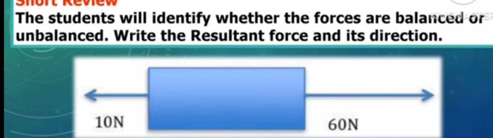 Short Review 
The students will identify whether the forces are balanced or 
unbalanced. Write the Resultant force and its direction.