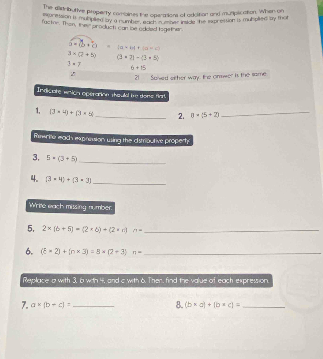 The distributive property combines the operations of addition and multiplication. When an 
expression is multiplied by a number, each number inside the expression is multiplied by that 
factor. Then, their products can be added together.
a* (b+c)=(a* b)+(a* c)
3* (2+5) (3* 2)+(3* 5)
3* 7 6+15
21 
21 Solved either way, the answer is the same. 
Indicate which operation should be done first. 
1. (3* 4)+(3* 6) _ 
2. 8* (5+2)
_ 
Rewrite each expression using the distributive property. 
3. 5* (3+5) _ 
4. (3* 4)+(3* 3) _ 
Write each missing number. 
5. 2* (6+5)=(2* 6)+(2* n)n= _ 
6. (8* 2)+(n* 3)=8* (2+3)n= _ 
Replace a with 3, b with 4, and c with 6. Then, find the value of each expression. 
7. a* (b+c)= _8. (b* a)+(b* c)= _