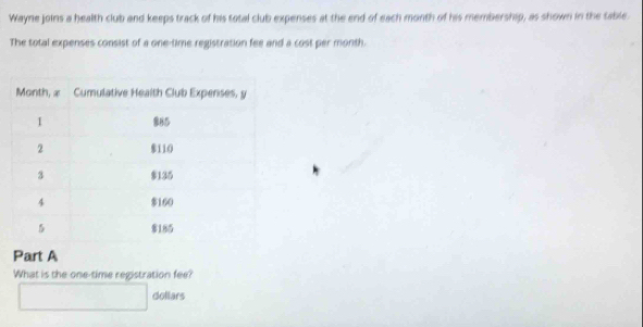 Wayne joins a health club and keeps track of his total club expenses at the end of each month of his membership, as shown in the table. 
The total expenses consist of a one-time registration fee and a cost per month. 
Part A 
What is the one-time registration fee? 
dollars