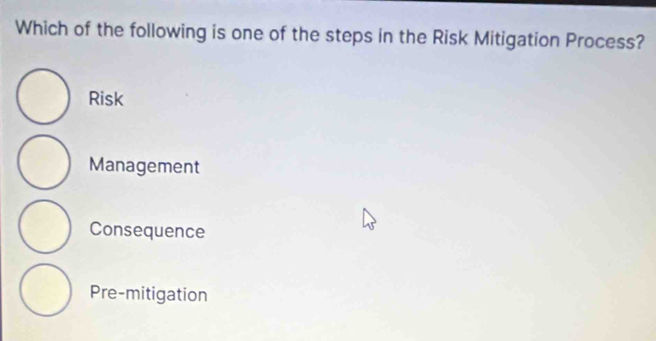 Which of the following is one of the steps in the Risk Mitigation Process?
Risk
Management
Consequence
Pre-mitigation