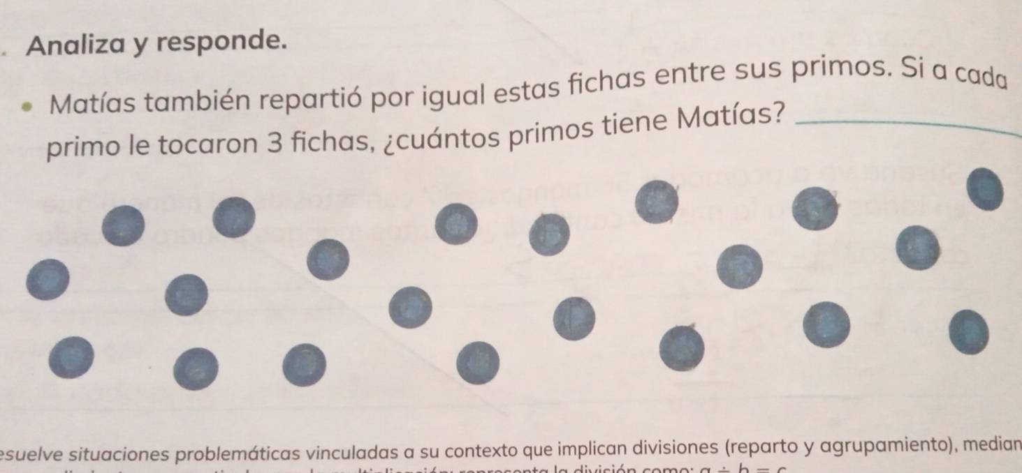 Analiza y responde. 
Matías también repartió por igual estas fichas entre sus primos. Si a cada 
primo le tocaron 3 fichas, ¿cuántos primos tiene Matías?_ 
esuelve situaciones problemáticas vinculadas a su contexto que implican divisiones (reparto y agrupamiento), median