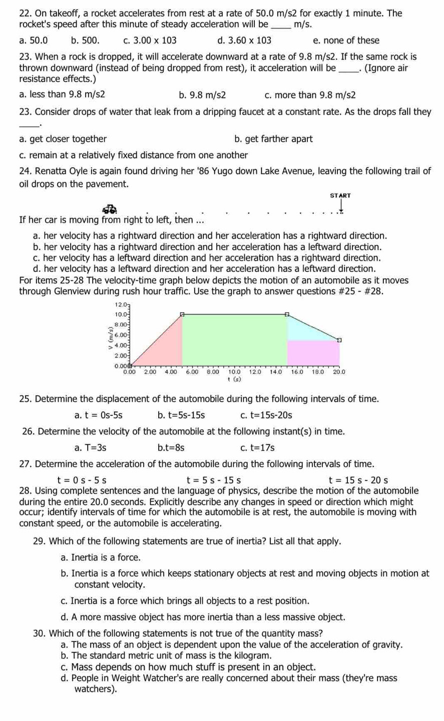 On takeoff, a rocket accelerates from rest at a rate of 50.0 m/s2 for exactly 1 minute. The
rocket's speed after this minute of steady acceleration will be _m/s.
a. 50.0 b. 500. C. 3.00* 103 d. 3.60* 103 e. none of these
23. When a rock is dropped, it will accelerate downward at a rate of 9.8 m/s2. If the same rock is
thrown downward (instead of being dropped from rest), it acceleration will be _. (Ignore air
resistance effects.)
a. less than 9.8 m/s2 b. 9.8 m/s2 c. more than 9.8 m/s2
23. Consider drops of water that leak from a dripping faucet at a constant rate. As the drops fall they
__.
a. get closer together b. get farther apart
c. remain at a relatively fixed distance from one another
24. Renatta Oyle is again found driving her '86 Yugo down Lake Avenue, leaving the following trail of
oil drops on the pavement.
START
If her car is moving from right to left, then ...
a. her velocity has a rightward direction and her acceleration has a rightward direction.
b. her velocity has a rightward direction and her acceleration has a leftward direction.
c. her velocity has a leftward direction and her acceleration has a rightward direction.
d. her velocity has a leftward direction and her acceleration has a leftward direction.
For items 25-28 The velocity-time graph below depicts the motion of an automobile as it moves
through Glenview during rush hour traffic. Use the graph to answer questions #2 u
- #28.
25. Determine the displacement of the automobile during the following intervals of time.
a. t=0s-5s b. t=5s-15s C. t=15s-20s
26. Determine the velocity of the automobile at the following instant(s) in time.
a. T=3s b. t=8s C. t=17s
27. Determine the acceleration of the automobile during the following intervals of time.
t=0s-5s
t=5s-15s
t=15s-20s
28. Using complete sentences and the language of physics, describe the motion of the automobile
during the entire 20.0 seconds. Explicitly describe any changes in speed or direction which might
occur; identify intervals of time for which the automobile is at rest, the automobile is moving with
constant speed, or the automobile is accelerating.
29. Which of the following statements are true of inertia? List all that apply.
a. Inertia is a force.
b. Inertia is a force which keeps stationary objects at rest and moving objects in motion at
constant velocity.
c. Inertia is a force which brings all objects to a rest position.
d. A more massive object has more inertia than a less massive object.
30. Which of the following statements is not true of the quantity mass?
a. The mass of an object is dependent upon the value of the acceleration of gravity.
b. The standard metric unit of mass is the kilogram.
c. Mass depends on how much stuff is present in an object.
d. People in Weight Watcher's are really concerned about their mass (they're mass
watchers).