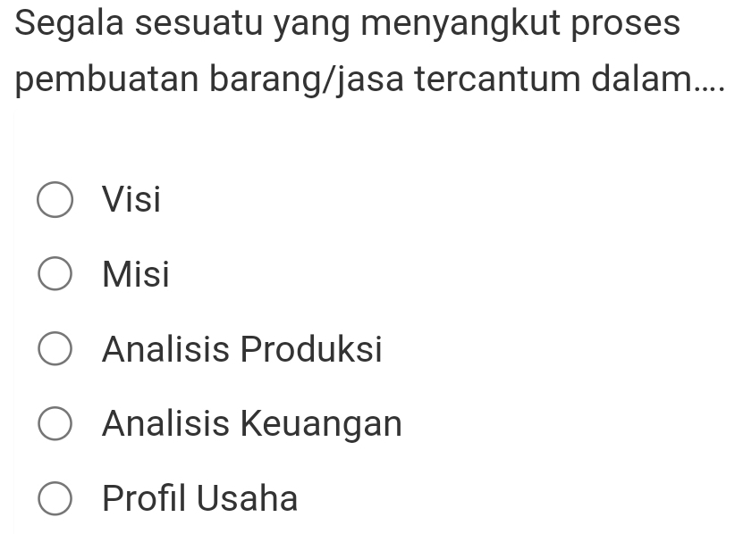 Segala sesuatu yang menyangkut proses
pembuatan barang/jasa tercantum dalam....
Visi
Misi
Analisis Produksi
Analisis Keuangan
Profil Usaha