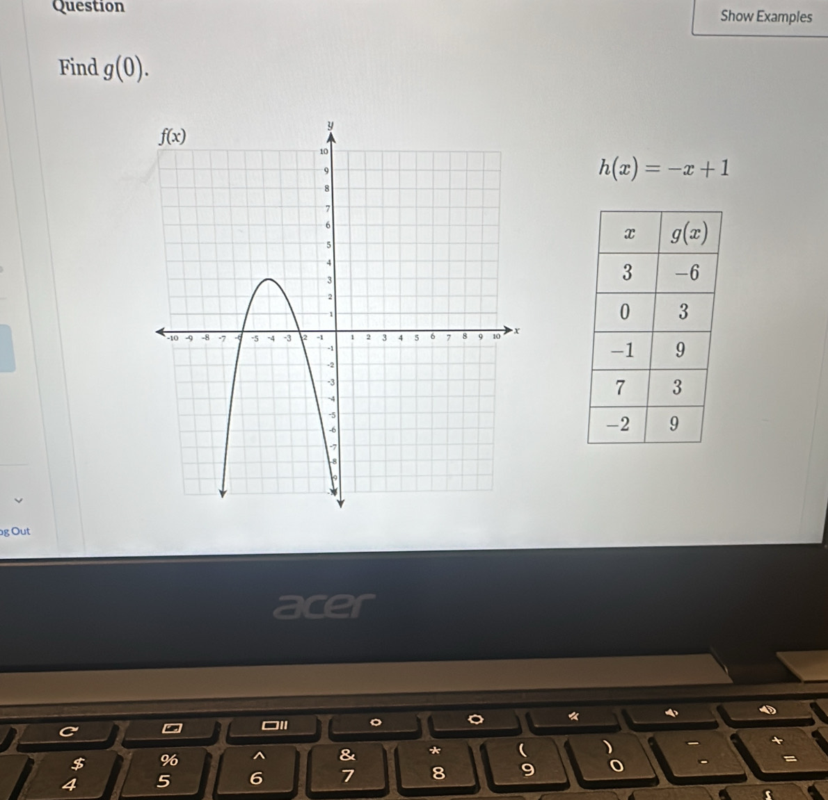 Question Show Examples
Find g(0).
h(x)=-x+1
g Out
acer
《
C
. ]11
$ %
& *
)
8 9 0 、
4
5
6
7