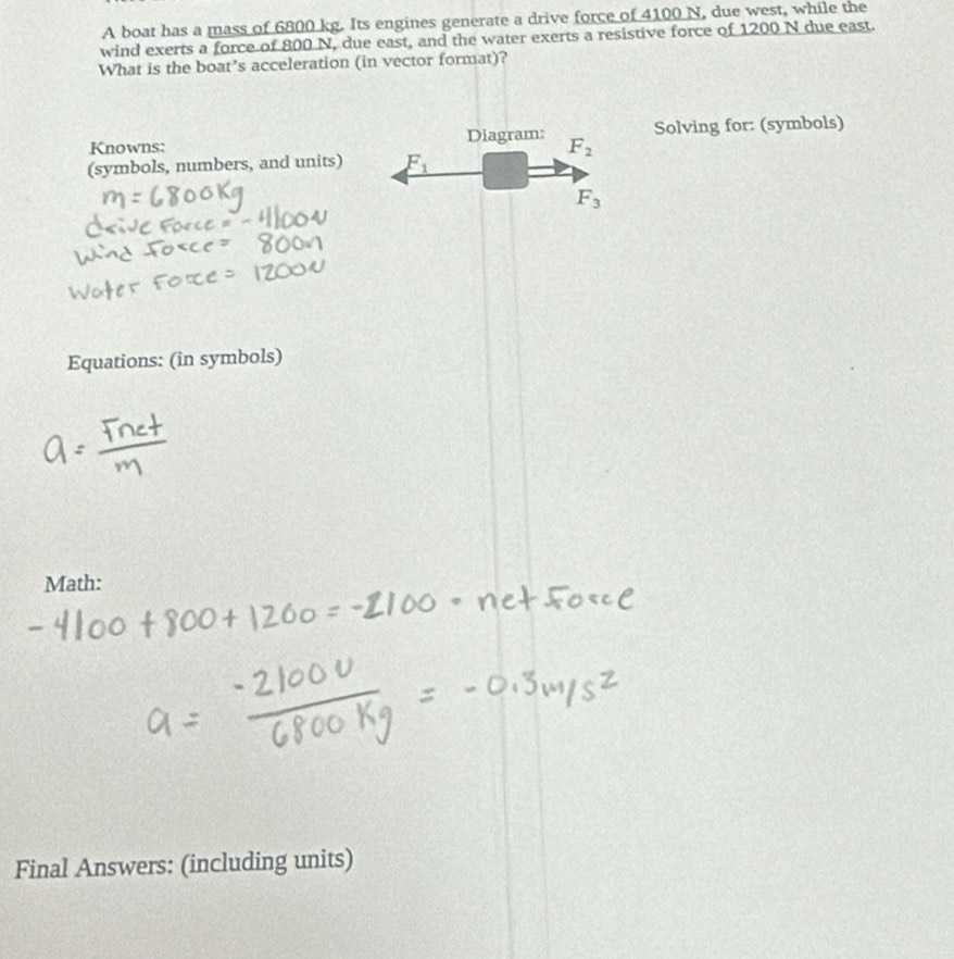 A boat has a mass of 6800 kg. Its engines generate a drive force of 4100 N, due west, while the 
wind exerts a force of 800 N, due east, and the water exerts a resistive force of 1200 N due east. 
What is the boat’s acceleration (in vector format)? 
Knowns: Diagram: F_2 Solving for: (symbols) 
(symbols, numbers, and units) F_1
F_3
Equations: (in symbols) 
Math: 
Final Answers: (including units)