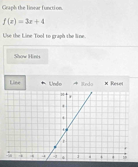 Graph the linear function.
f(x)=3x+4
Use the Line Tool to graph the line. 
Show Hints 
Line Undo Redo × Reset