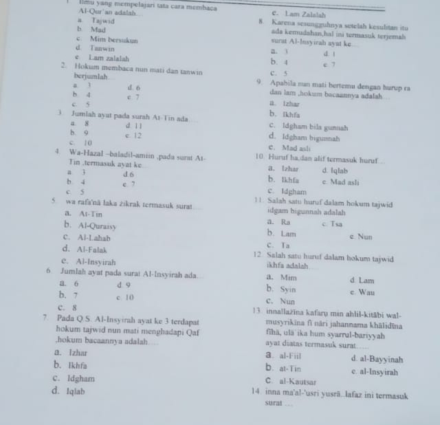 Ilmu yang mempelajari tata cara membaca e. Lam Zalalah
Al-Qur'an adalab.
a. Tajwid 8. Karena sesungguhnya setelah kesulitan ito
b Mad
ada kemudahan,hal ini termasuk terjemah
c. Mim bersukun surat Al-Insyirah ayat ke
d. Tanwin a. 1 d. 1
e Lam zalalah b. 4
2. Hokum membaca nun mati dan tanwin C. 5 c 7
berjumlah . 9. Apabila nun mati bertemu đengan hurup ra
a 1 d. 6 dan lam ,hokum bacaannya adalah  .
b 4 c 7
c. 5 ü Izhar
b. Ikhfa
3 Jumlah ayut pada surah At-Tin ada C. ldgham bila gunnah
a 8 d. 11
b. 9 e. 12 d. Idgham bigunnah
c. 10 C. Mad asli
4. Wa-Hazal -baladil-amiin ,pada surat At- 10. Huruf ha,dan alif termasuk huruf.
Tin ,termasuk ayat ke a. lzhar d. Iqlab
a 3 d 6 b. Ikhfa c. Mad asl
b 4 c. 7 c. Idgham
c. 5 11. Salah satu huruf dalam hokum tajwid
5 wa rafa'nä laka żikrak termasuk surat idgam bigunnah adalah
a. At-Tin a. Ra c. Tsa
b. Al-Quraisy b. Lam e Nun
C. Al-Lahab
C. Ta
d. Al-Falak 12 Salah satu huruf dalam hokum tajwid
e. Al-Insyirah ikhfa adalah
6 Jumlah ayat pada surat Al-lnsyirah ada. a. Mim d Lam
a. 6 d 9 b. Syin e. Wau
b. 7 c 10 C. Nun
c. 8 13 innallažīna kafaru min ahlil-kitābi wal-
7. Pada Q.S. Al-Insyirah ayat ke 3 terdapat musyrikina fī nāri jahannama khālidīna
hokum tajwid nun mati menghadapi Qaf fīhä, uläika hum syarrul-bariyyah
.hokum bacaannya adalah ayat diatas termasuk surat….
a. Izhar a. al-Fiil d. al-Bayyinah
b. Ikhfa b. at- T in c. al-Insyirah
C. ldgham C. al-Kautsar
d. Iq|ab 14 inna ma'a!-'usri yusrã..lafaz ini termasuk
sural …