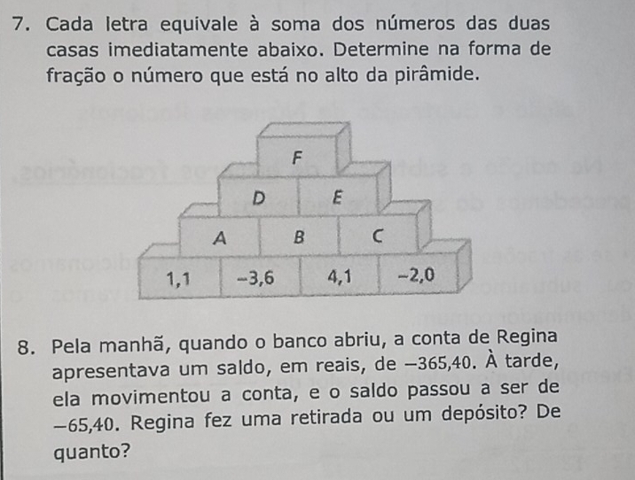 Cada letra equivale à soma dos números das duas 
casas imediatamente abaixo. Determine na forma de 
fração o número que está no alto da pirâmide. 
8. Pela manhã, quando o banco abriu, a conta de Regina 
apresentava um saldo, em reais, de -365, 40. À tarde, 
ela movimentou a conta, e o saldo passou a ser de
−65,40. Regina fez uma retirada ou um depósito? De 
quanto?