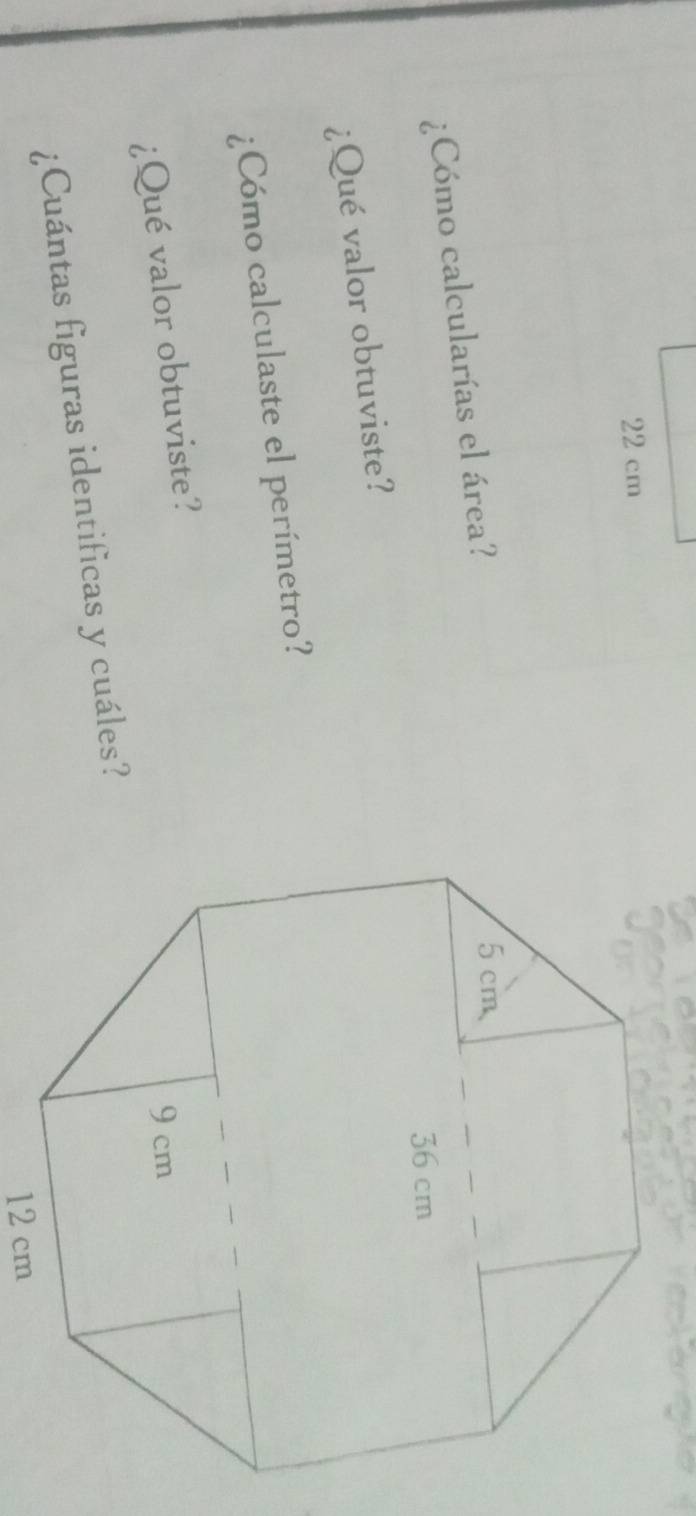 22 cm
¿Cómo calcularías el área? 
¿Qué valor obtuviste? 
¿Cómo calculaste el perímetro? 
¿Qué valor obtuviste? 
¿Cuántas figuras identificas y cuáles?
12 cm