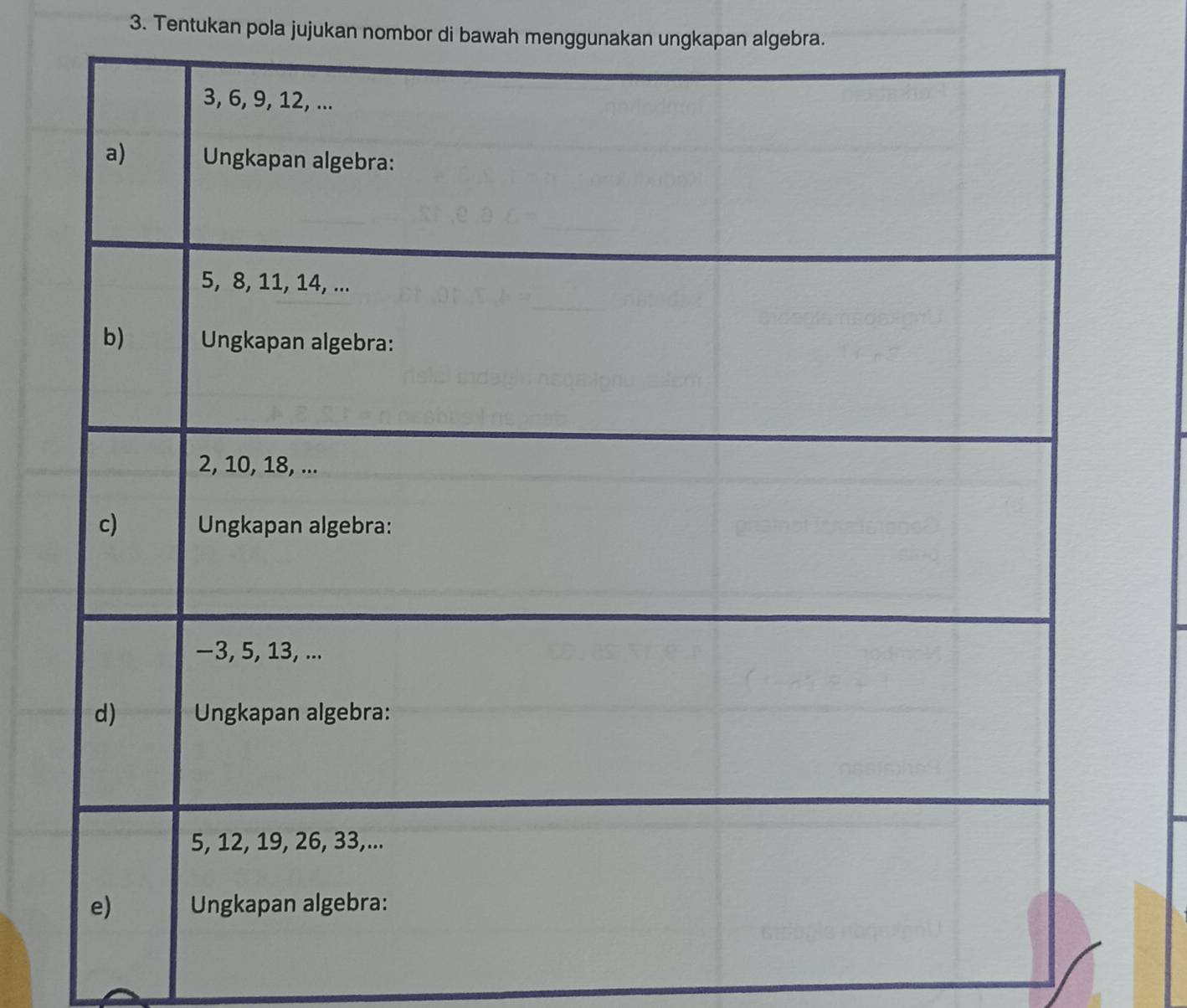 Tentukan pola jujukan nombor di bawah menggunakan ungkapan algebra.