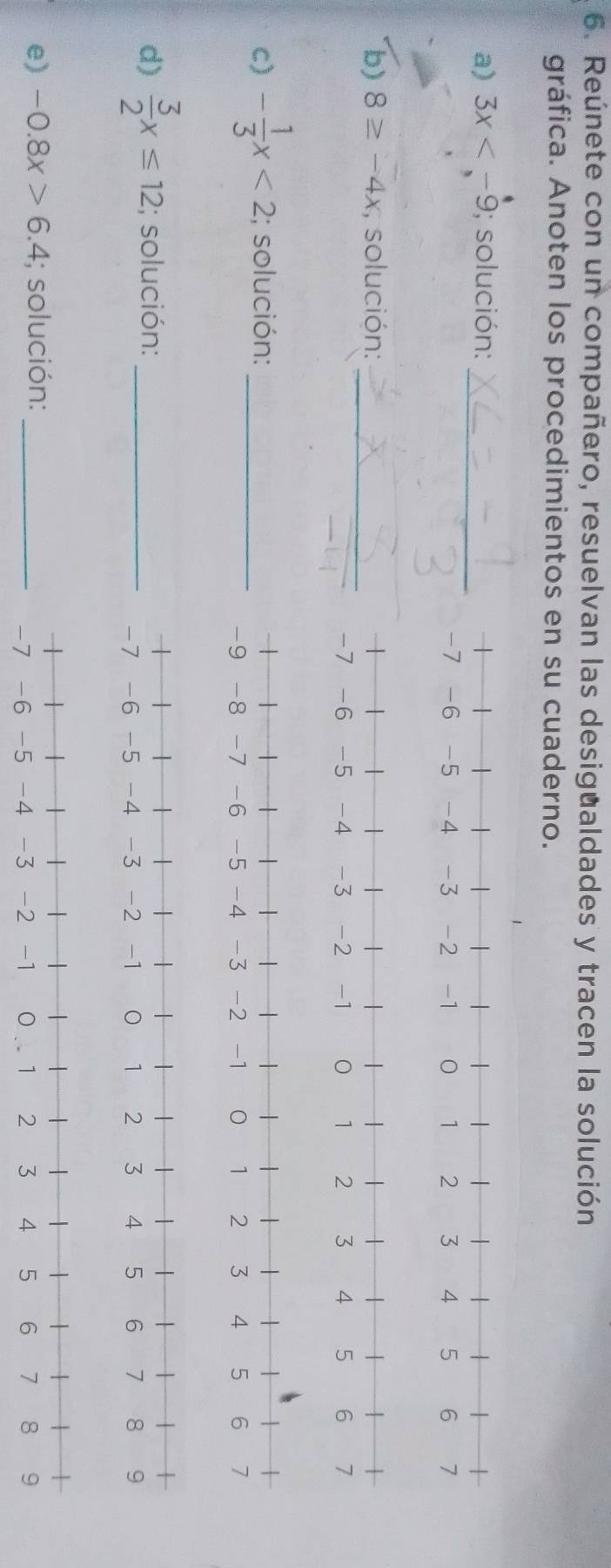 Reúnete con un compañero, resuelvan las desigualdades y tracen la solución 
gráfica. Anoten los procedimientos en su cuaderno. 
a) 3x ; solución:_ 
b) 8≥ -4x , solución:_ 
c) - 1/3 x<2</tex> ; solución:_ 
d)  3/2 x≤ 12;!; solución:_ 
e) -0.8x>6.4; solución:_