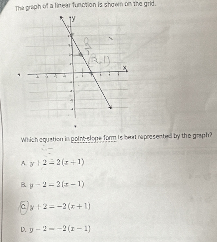 The graph of a linear function is shown on the grid.
Which equation in point-slope form is best represented by the graph?
A. y+2=2(x+1)
B. y-2=2(x-1)
C. y+2=-2(x+1)
D. y-2=-2(x-1)