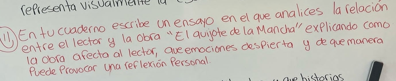 (epresenta visualmielite (u 
() Entu cuaderno escribe un ensayo enel gue analices la relacion 
entreel lector y la obra "El quijote de la Mancha" explicando como 
la obra afecta al lector, ave emociones despierta y dequemanera 
Puede Provocar Una reflexion Personal. 
ave historios