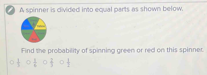 A spinner is divided into equal parts as shown below. 
Find the probability of spinning green or red on this spinner.
 1/3   1/6   2/3   1/2 