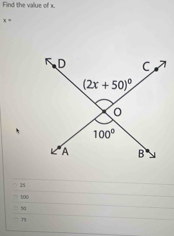 Find the value of x.
x=
25
100
50
75