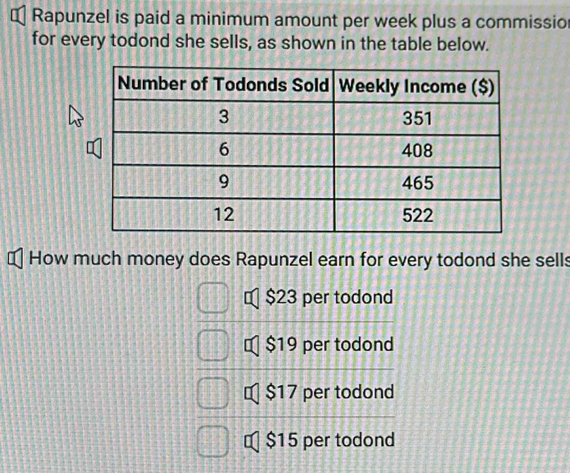 Rapunzel is paid a minimum amount per week plus a commissio
for every todond she sells, as shown in the table below.
How much money does Rapunzel earn for every todond she sells
$23 per todond
$19 per todond
$17 per todond
$15 per todond