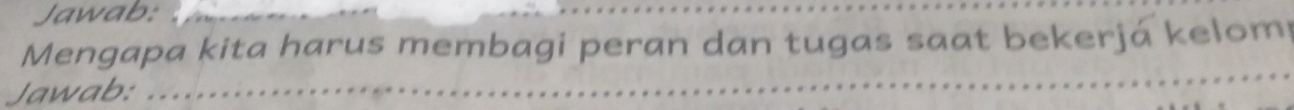 Jawab: 
Mengapa kita harus membagi peran dan tugas saat bekerjá kelom 
Jawab:_