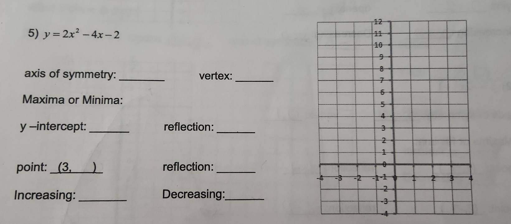 y=2x^2-4x-2
axis of symmetry: _vertex:_ 
Maxima or Minima:
y -intercept: _reflection: _ 
point: (3, _reflection: _ 
Increasing: _Decreasing:_
-4