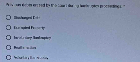 Previous debts erased by the court during bankruptcy proceedings. *
Discharged Debt
Exempted Property
Involuntary Bankruptcy
Reaffirmation
Voluntary Bankruptcy