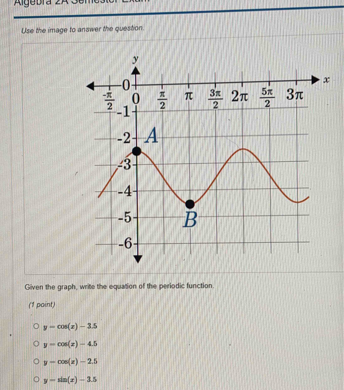 Algebra 2A 3
Use the image to answer the question.
Given the graph, write the equation of the periodic function.
(1 point)
y=cos (x)-3.5
y=cos (x)-4.5
y=cos (x)-2.5
y=sin (x)-3.5