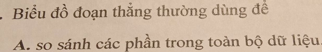 Biểu đồ đoạn thắng thường dùng để 
A. so sánh các phần trong toàn bộ dữ liệu