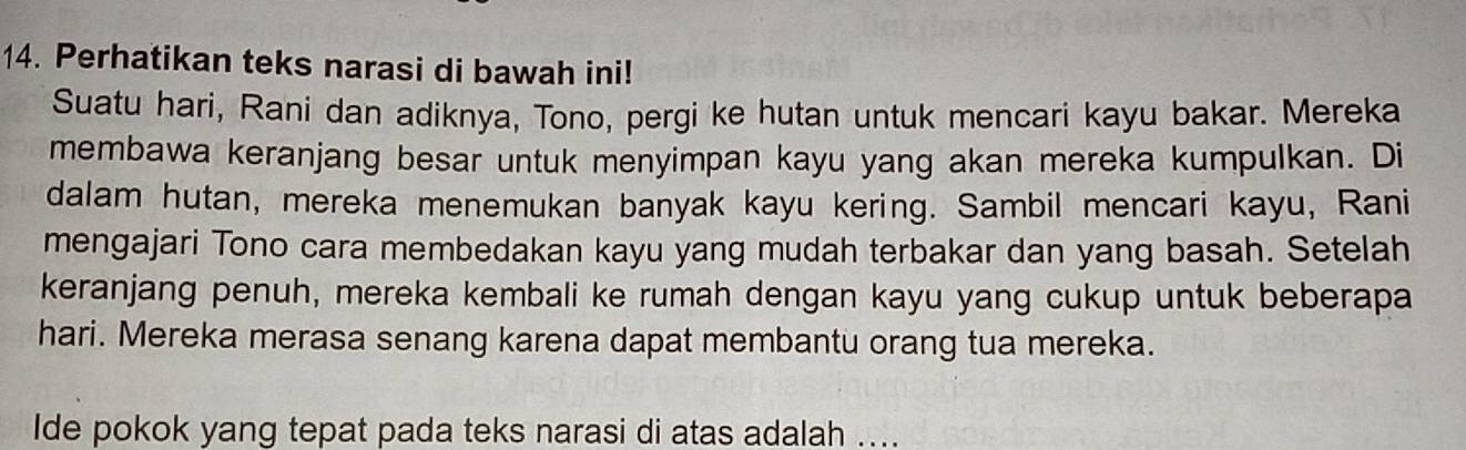 Perhatikan teks narasi di bawah ini! 
Suatu hari, Rani dan adiknya, Tono, pergi ke hutan untuk mencari kayu bakar. Mereka 
membawa keranjang besar untuk menyimpan kayu yang akan mereka kumpulkan. Di 
dalam hutan, mereka menemukan banyak kayu kering. Sambil mencari kayu, Rani 
mengajari Tono cara membedakan kayu yang mudah terbakar dan yang basah. Setelah 
keranjang penuh, mereka kembali ke rumah dengan kayu yang cukup untuk beberapa 
hari. Mereka merasa senang karena dapat membantu orang tua mereka. 
Ide pokok yang tepat pada teks narasi di atas adalah ....