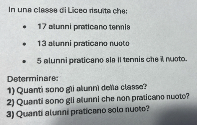 In una classe di Liceo risulta che:
17 alunni praticano tennis
13 alunni praticano nuoto
5 alunni praticano sia il tennis che il nuoto. 
Determinare: 
1) Quanti sono gli alunni della classe? 
2) Quanti sono gli alunni che non praticano nuoto? 
3) Quanti alunni praticano solo nuoto?