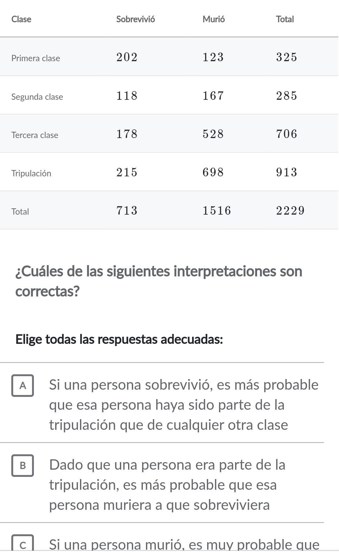 ¿Cuáles de las siguientes interpretaciones son
correctas?
Elige todas las respuestas adecuadas:
A Si una persona sobrevivió, es más probable
que esa persona haya sido parte de la
tripulación que de cualquier otra clase
B Dado que una persona era parte de la
tripulación, es más probable que esa
persona muriera a que sobreviviera
c Si una persona murió, es muy probable que