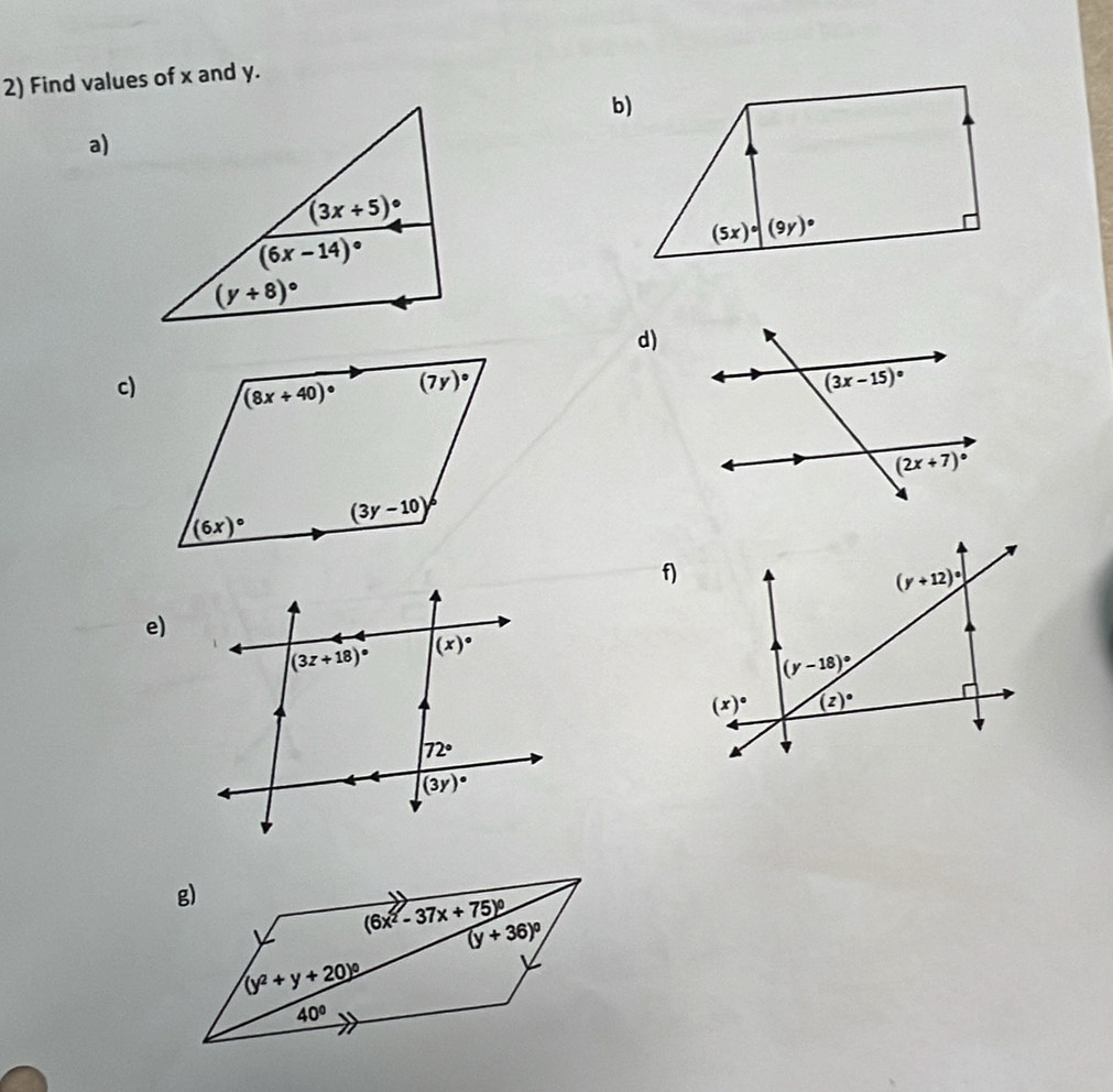 Find values of x and y.
b)
a)
d)
c)
f)
e)