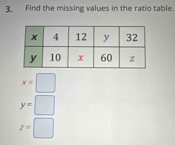 Find the missing values in the ratio table.
x=□
y=□
z=□