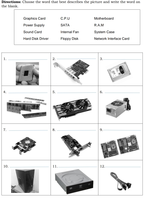 Directions: Choose the word that best describes the picture and write the word on
the blank.
Graphics Card C.P.U Motherboard
Power Supply SATA R.A.M
Sound Card Internal Fan System Case
Hard Disk Driver Floppy Disk Network Interface Card
1.
7.
10.