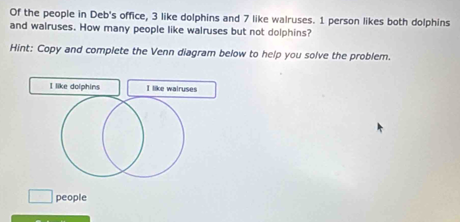 Of the people in Deb's office, 3 like dolphins and 7 like walruses. 1 person likes both dolphins 
and walruses. How many people like walruses but not dolphins? 
Hint: Copy and complete the Venn diagram below to help you solve the problem. 
I like dolphins I like walruses 
people