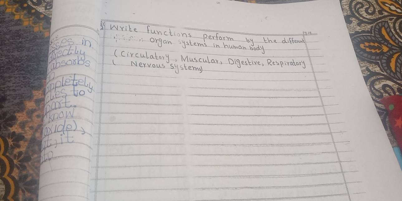 29 19 
Write functions perform by the different 
sses in organ systems in human body 
directly (Circulatory, Muscular, Digestive, Respiratory 
absorbss (Nervous systems 
Appletely 
part Kles to 
know 
oxide) 
it, it 
nto