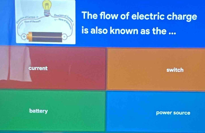 The flow of electric charge
is also known as the ...
current switch
battery power source