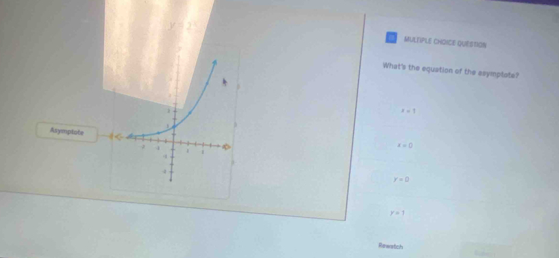 QUESTION
What's the equation of the asymptote?
x=1
Asymplote
x=0
y=0
y=1
Rewatch