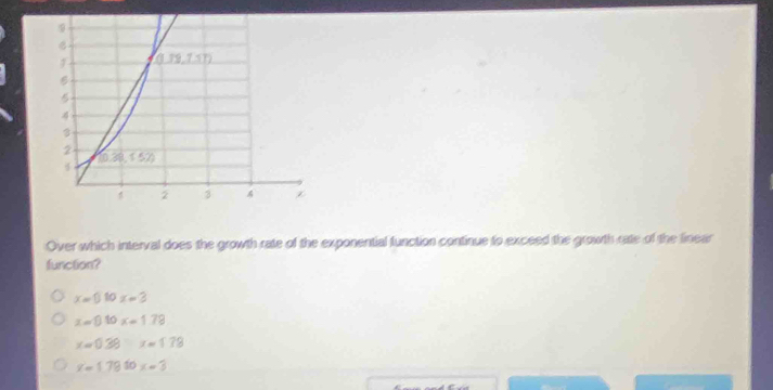 Over which interval does the growth rate of the exponential function continue to exceed the growth rate of the linear
function?
x=010x=3
xapprox 0.10x=1.7
x=0.38x=1.78
x=1.7810* =3