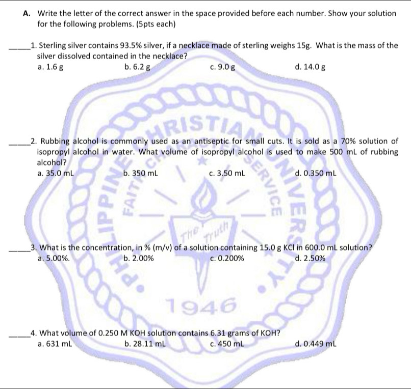 Write the letter of the correct answer in the space provided before each number. Show your solution 
for the following problems. (5pts each) 
_e 
_of 
g 
_ 
_