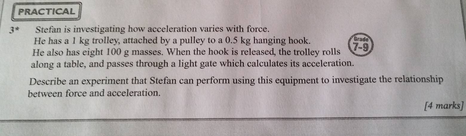 PRACTICAL 
3* Stefan is investigating how acceleration varies with force. 
He has a 1 kg trolley, attached by a pulley to a 0.5 kg hanging hook. Grade 
He also has eight 100 g masses. When the hook is released, the trolley rolls 7-9
along a table, and passes through a light gate which calculates its acceleration. 
Describe an experiment that Stefan can perform using this equipment to investigate the relationship 
between force and acceleration. 
[4 marks]