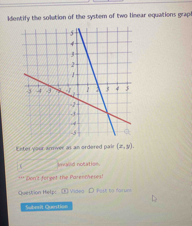 Identify the solution of the system of two linear equations graph 
Enter your answer as an ordered pair (x,y). 
Invalid notation. 
Don't forget the Parentheses! 
Question Help: ▶ Video Post to forum 
Submit Question