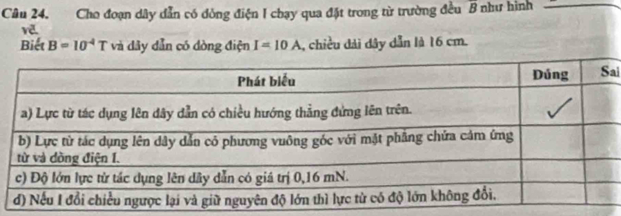 Cho đoạn dây dẫn có dòng điện I chạy qua đặt trong từ trường đều overline B như hình 
Biết B=10^(-4)T và dây dẫn có dòng điện I=10A , chiều đải dây dẫn là 16 cm. 
ai