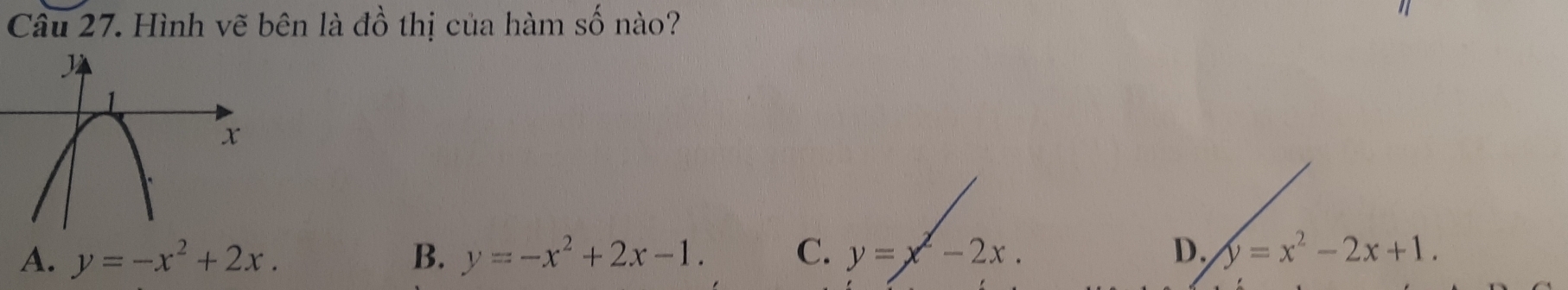 Hình vẽ bên là đồ thị của hàm số nào?
A. y=-x^2+2x. B. y=-x^2+2x-1. C. y=x^2-2x. D. y=x^2-2x+1.