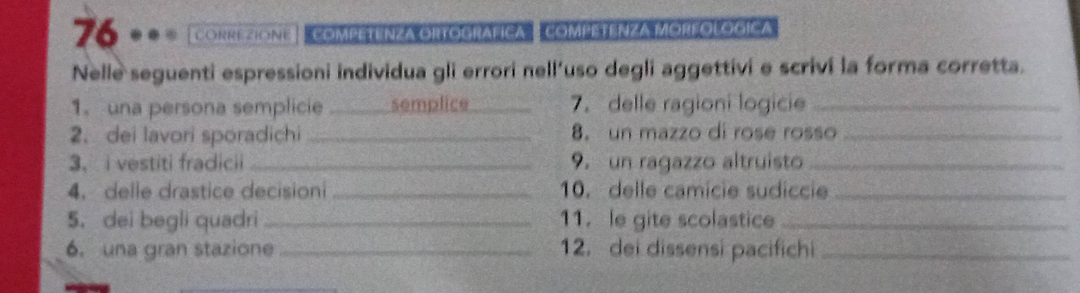 CORREZIONE Competenza ortografica competenza morfologíca 
Nelle seguenti espressioni individua gli errori nell'uso degli aggettivi e scrivi la forma corretta. 
1. una persona semplicie _semplice_ 7. delle ragioni logicie_ 
2. dei lavori sporadichi _8. un mazzo di rose rosso_ 
3. i vestiti fradicii _9. un ragazzo altruisto_ 
4. delle drastice decisioni _10. delle camicie sudiccie_ 
5. dei begli quadri _11. le gite scolastice_ 
6. una gran stazione _12. dei dissensi pacifichi_