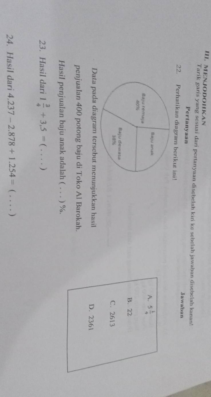 MENJODOHKAN
Tarik garis yang sesuai dari pertanyaan disebelah kiri ke sebelah jawaban disebelah kanan!
Pertanyaan Jawaban
22. Perhatikan diagram berikut ini!
A. 5 1/4 
B. 22
C. 2613
Data pada diagram tersebut menunjukkan hasil D. 2361
penjualan 400 potong baju di Toko Al Barokah.
Hasil penjualan baju anak adalah ( . . . ) %.
23. Hasil dari 1 3/4 +3,5=(. _  . )
24. Hasil dari 4.237-2.878+1.254= (_ . .. . )