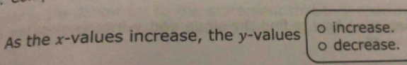 As the x -values increase, the y -values increase. 
decrease.