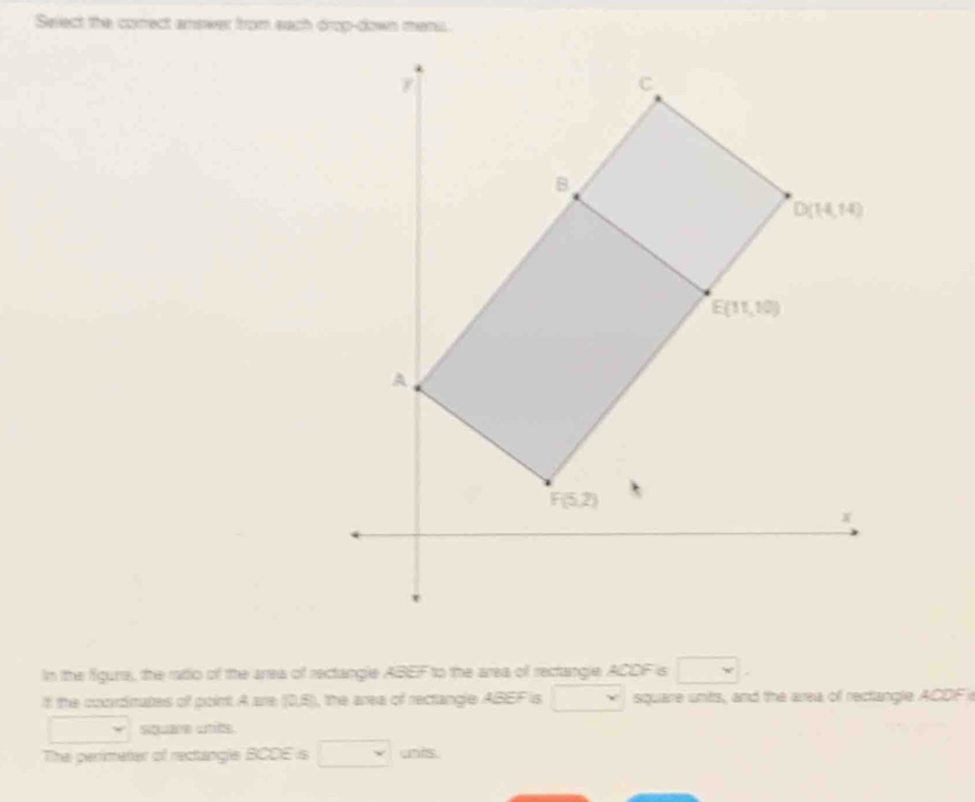 Select the corect answer from each drop-down mens.
In the figure, the ratio of the area of rectangle ABEF to the area of rectangle ACDF is
tf the coordmates of point. A are (0,5), the area of rectangle ABEF is square unts, and the area of rectangle ACDF i
square utits
The perimeter of rectangle BCDE is unis