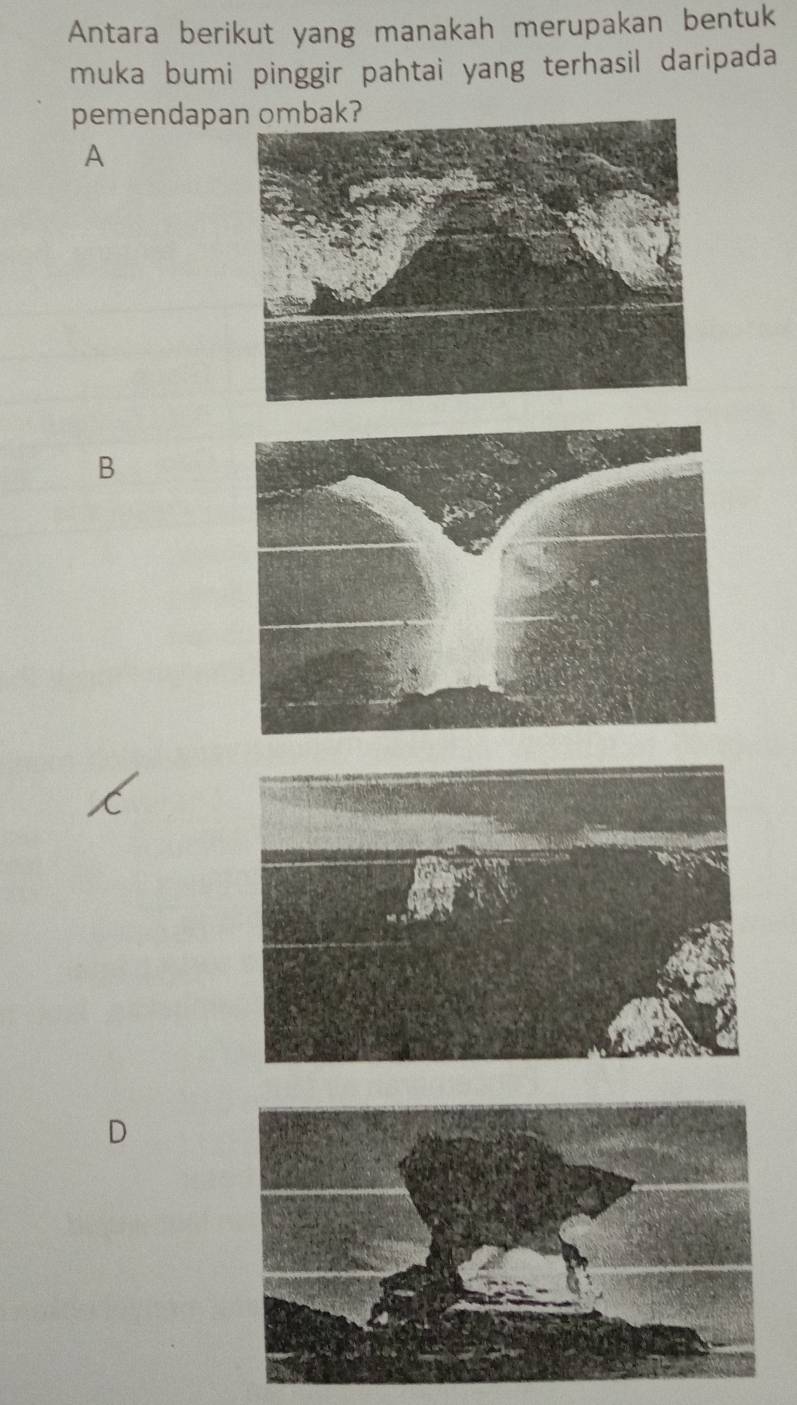 Antara berikut yang manakah merupakan bentuk
muka bumi pinggir pahtai yang terhasil daripada
pemendapan ombak?
A
B
D